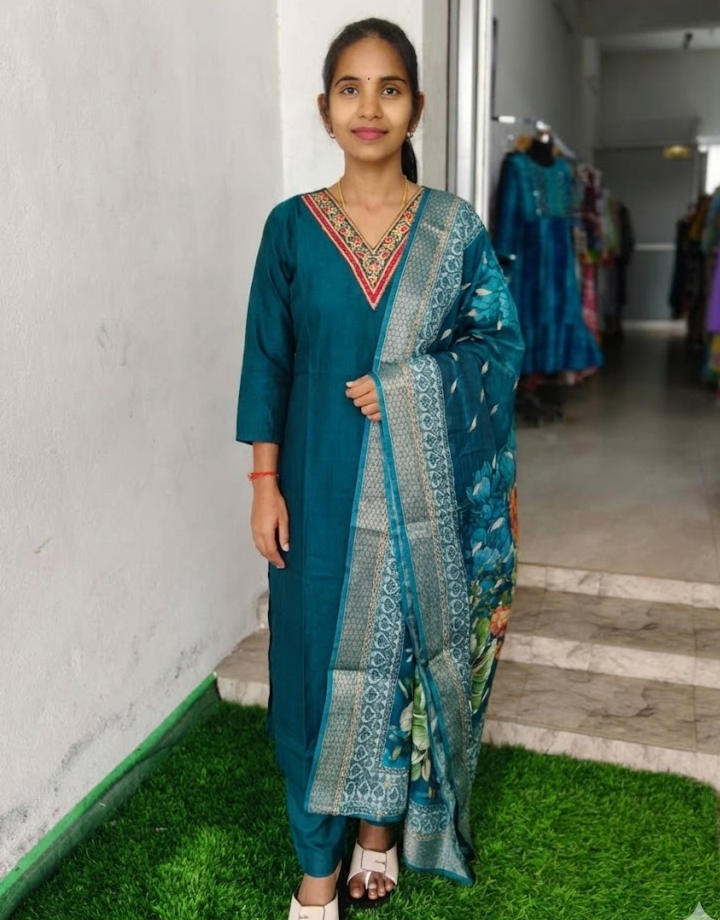 Avaasa Teal Blue Embroidered Cotton Suit Set for Women