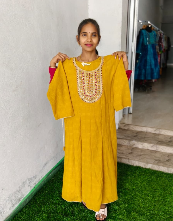 Mustard Yellow Popcorn Long Kurti with Embroidery