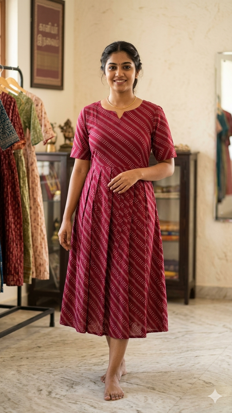 Elegant Maroon Striped Rayon Flared Dress"