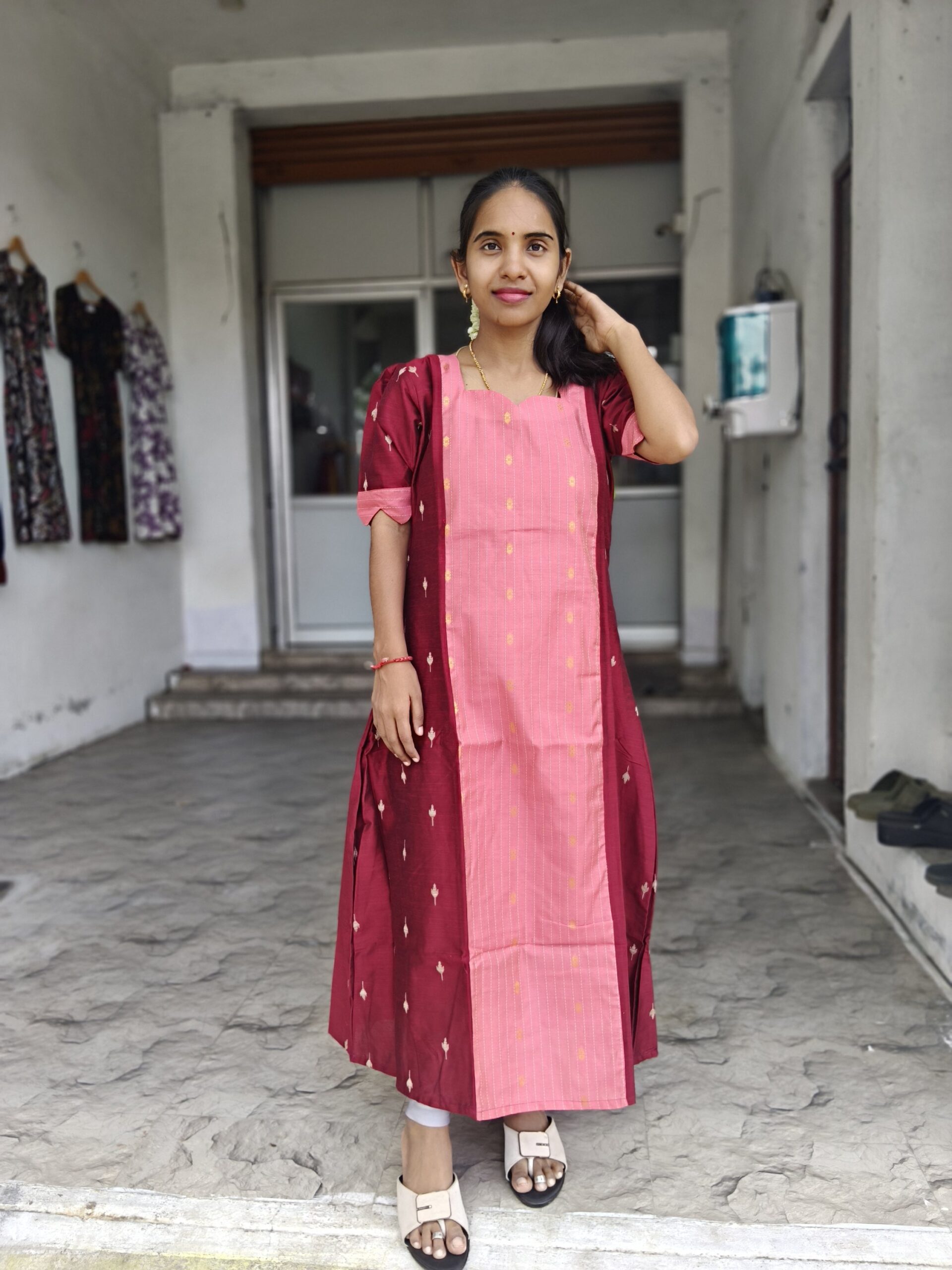 Elegant Raw Silk Festive Kurti with Lining & Pocket – Maroon & Peach