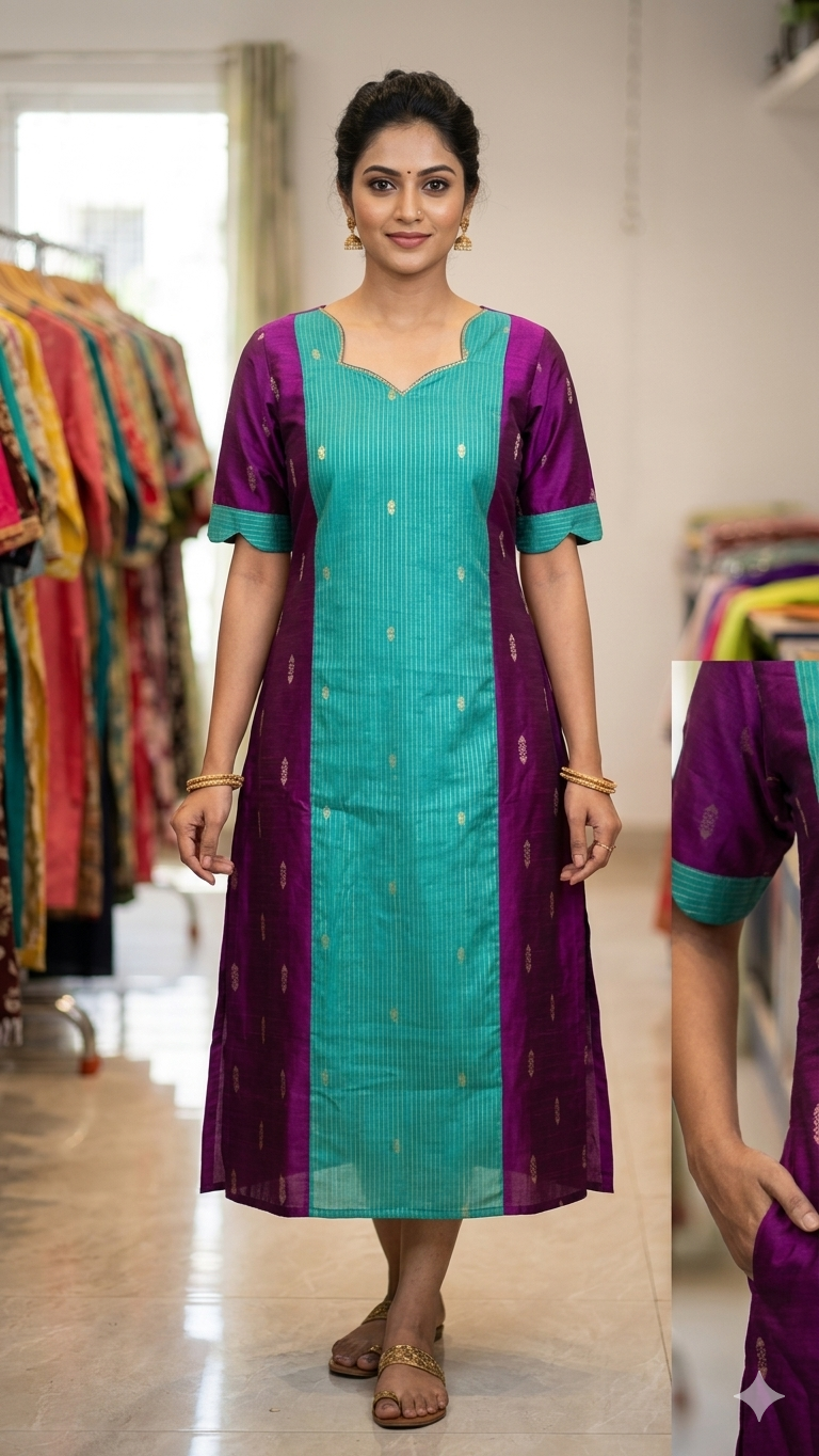 Elegant Wine Purple Raw Silk Kurti (With Lining) with Contrast Mint Green Panel & Designer Sleeves