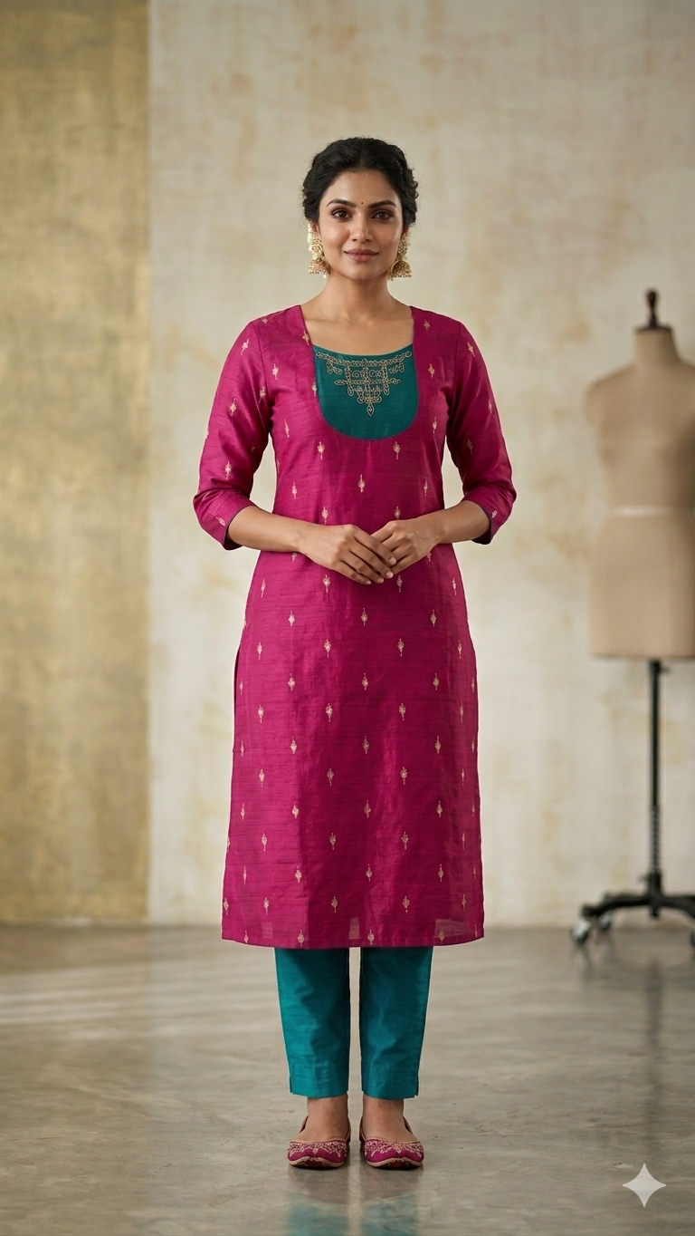 Premium Magenta Raw Silk Kurti with Lining & Rama Green Pants Set | Diya Shopping