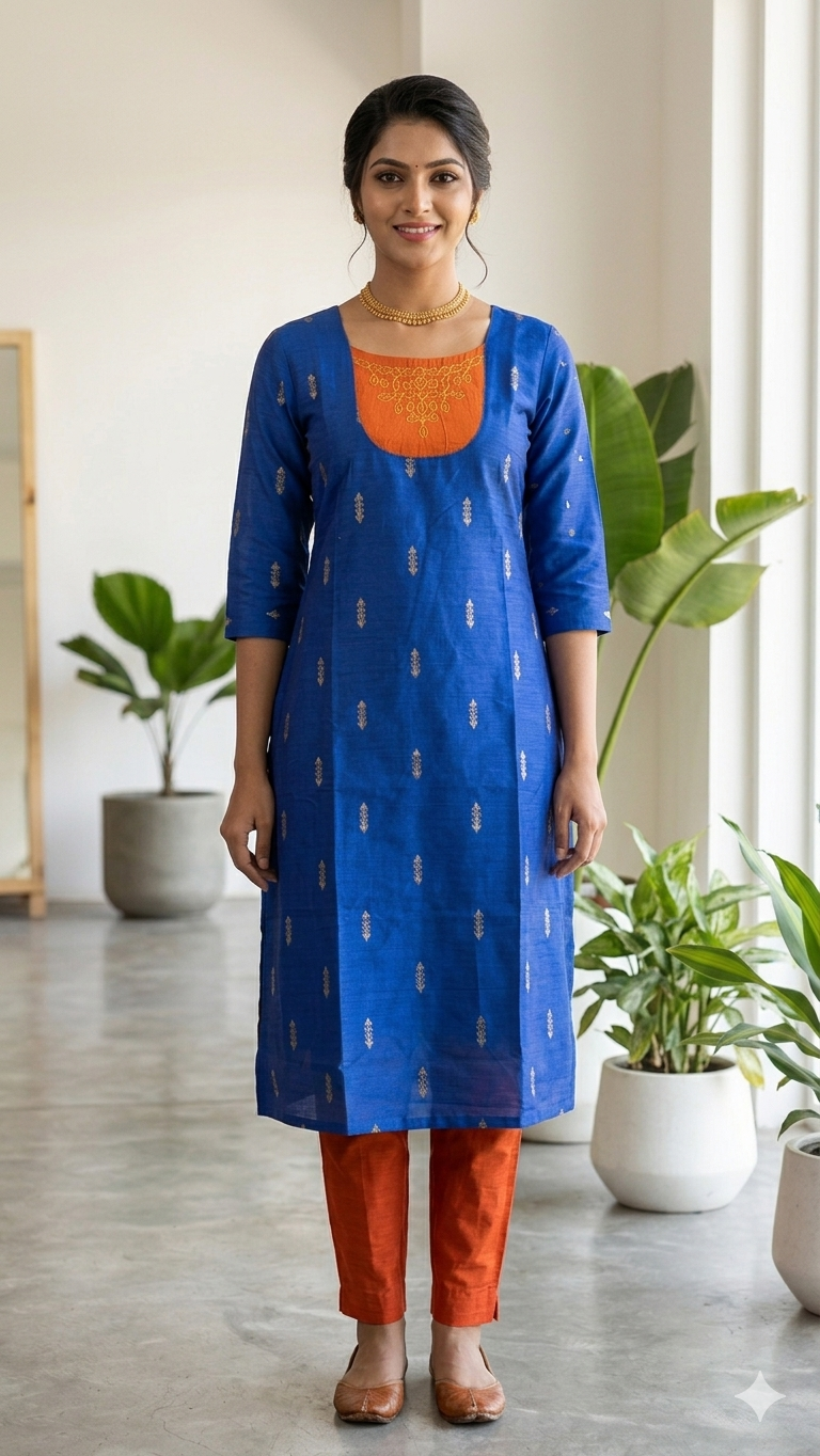 Elegant Royal Blue Raw Silk Kurti Set (With Lining)