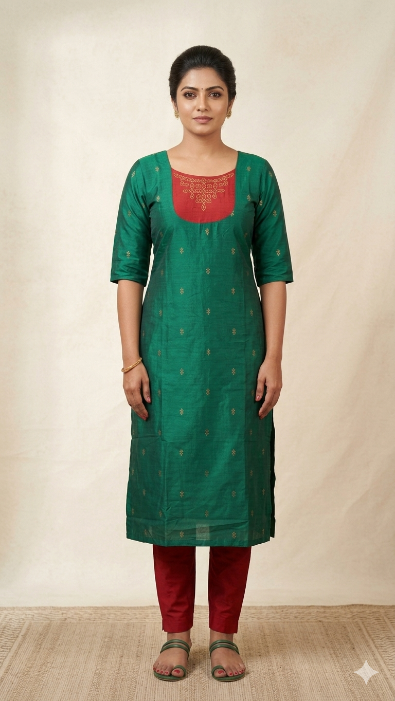 Elegant Green & Red Raw Silk 2-Piece Suit Set (With Lining)