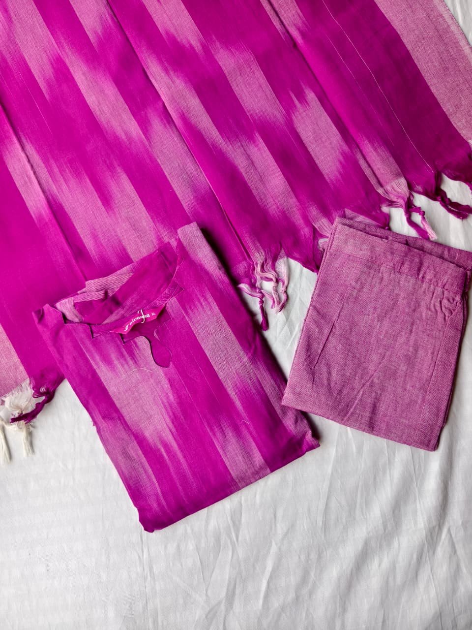 Ikat Cotton Kurti Pant Set with Dupatta (With Full Lining)